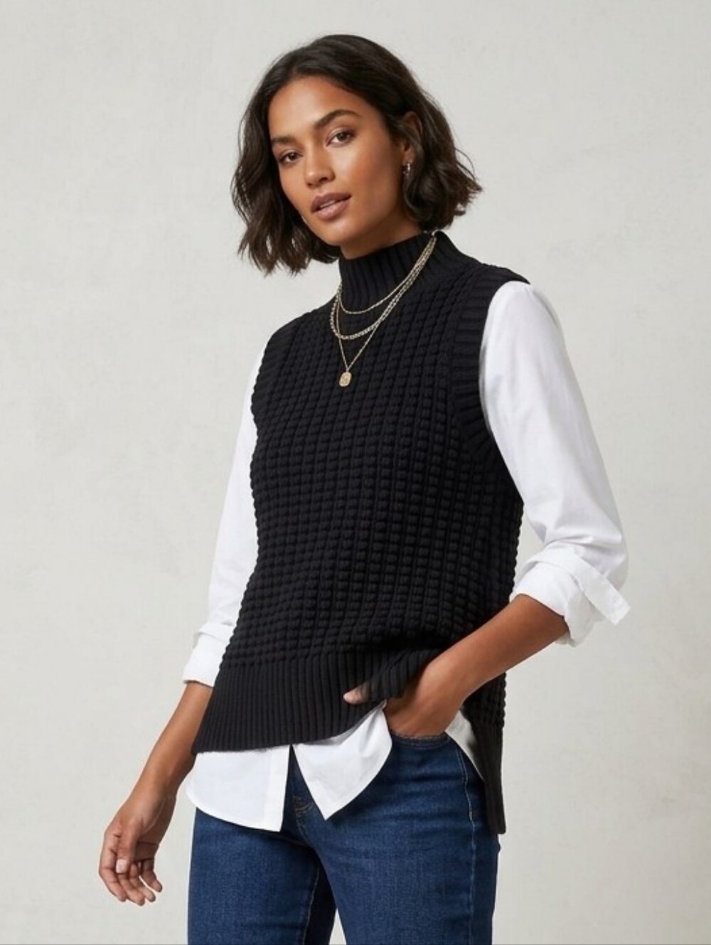 French Connection Mozart Popcorn Black Ribbed Knit Top Timeless Minimalist S